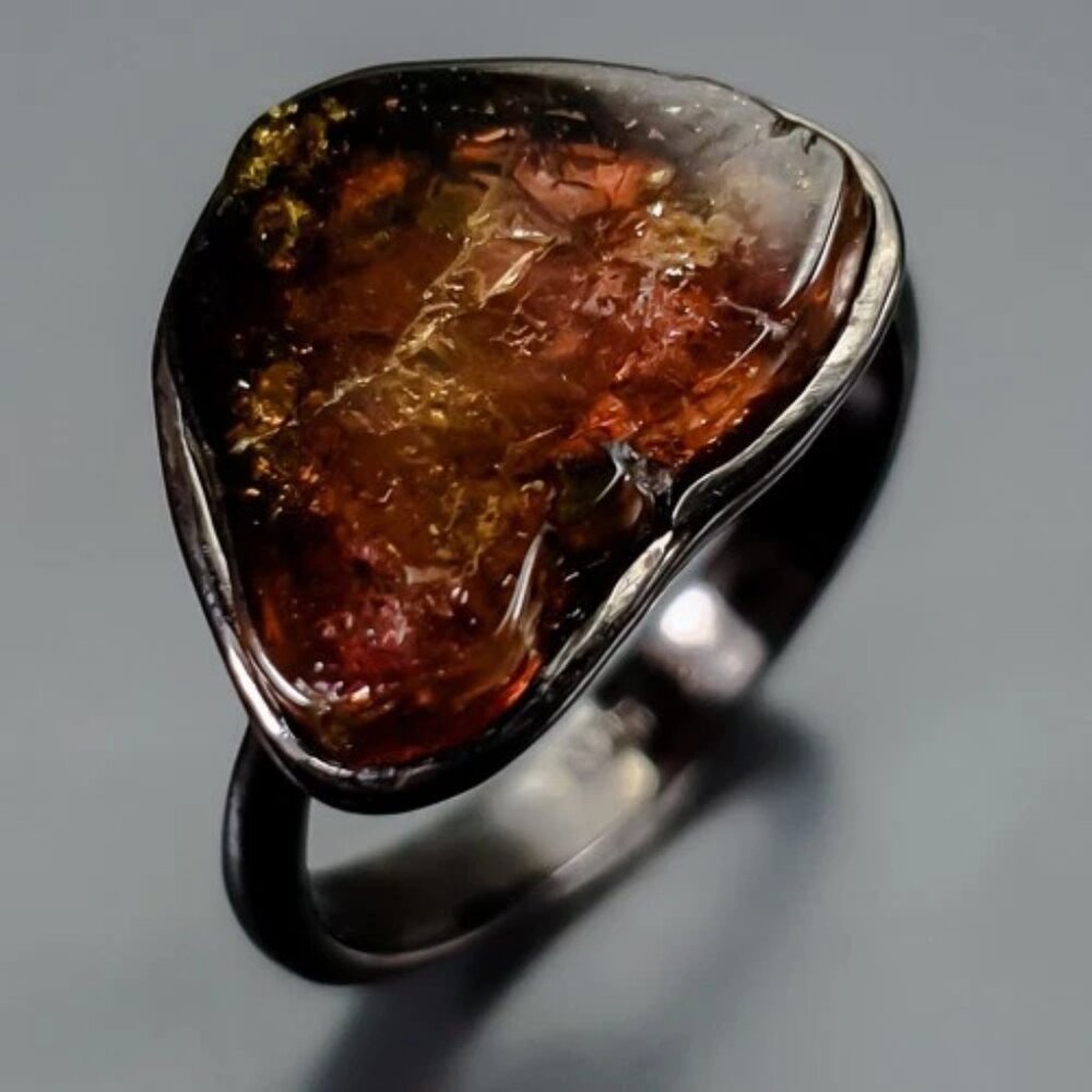 RING 6CT Natural Tourmaline Slice Black Rhodium Plated 925 Size 7.75